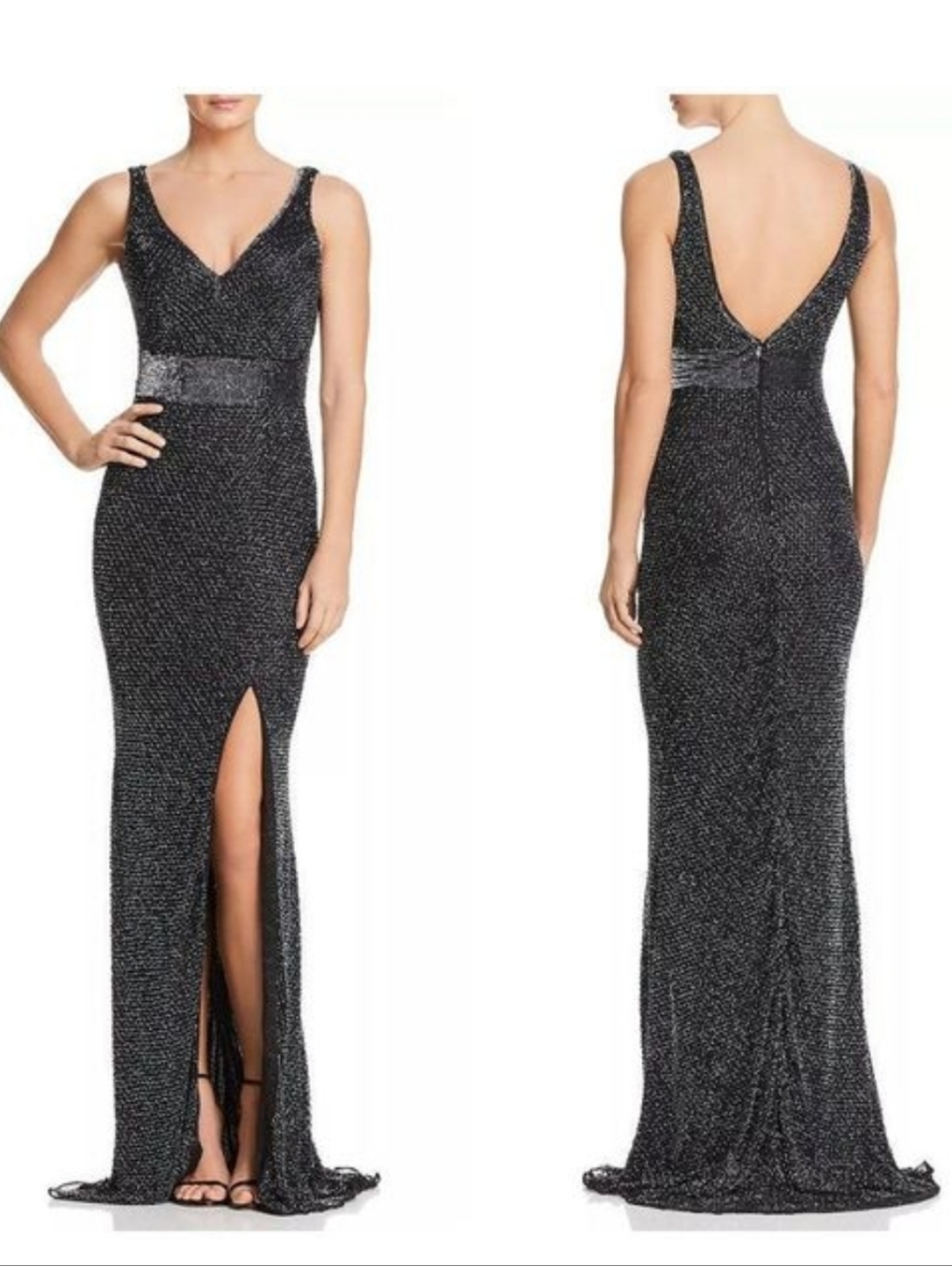 Mac Duggal Black Glitter V-Neck Maxi Gown with Thigh Slit NWT 1070L Sz 4